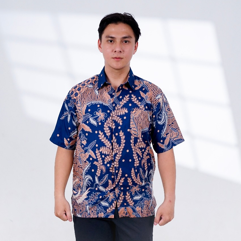 BATIK TRUSMI Atasan Batik HEM Batik Pria Motif Kombinasi Gribik Bunga Biru BUL