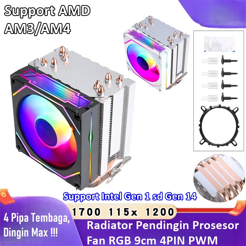 FAN COOLER PROSESOR/HSF Cooler RGB Intel & AMD 9CM 4PIPA Tembaga + 4PIN PWM - No Cover