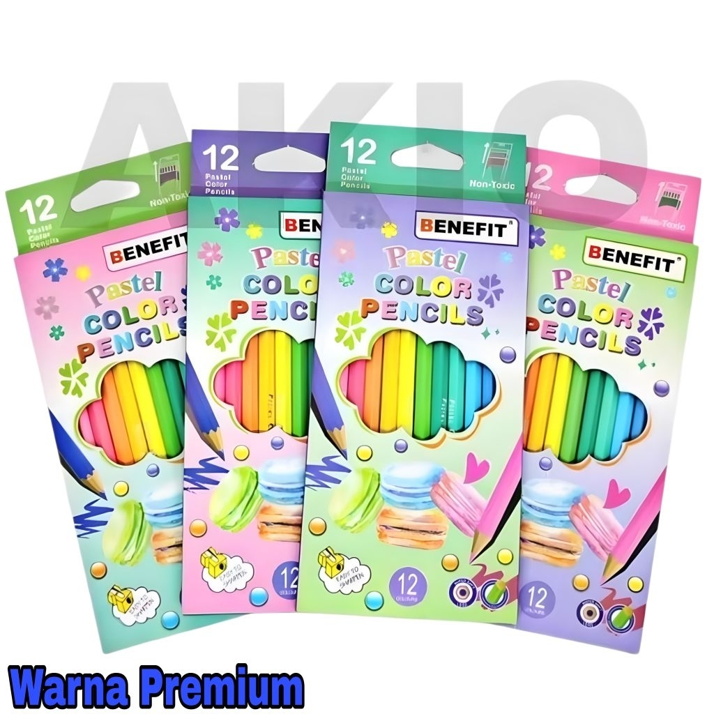 Pensil Warna Panjang BENEFIT PASTEL MACARON PW-1288 12 Warna PREMIUM Tebal Padat Set Murah Bagus Ber