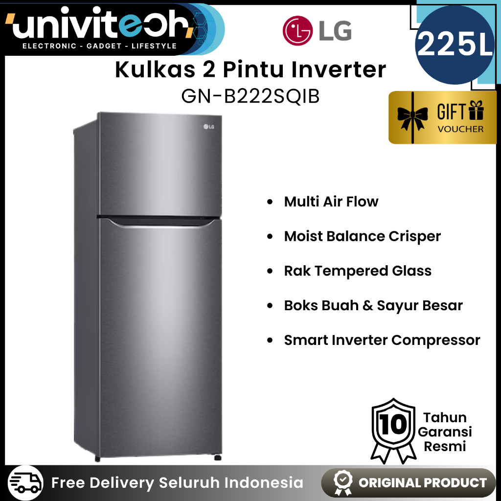LG Kulkas 2 Pintu Smart Inverter 225 Liter Tanpa Bunga Es Low Watt Fast Cooling Air Flow GN B222SQIB
