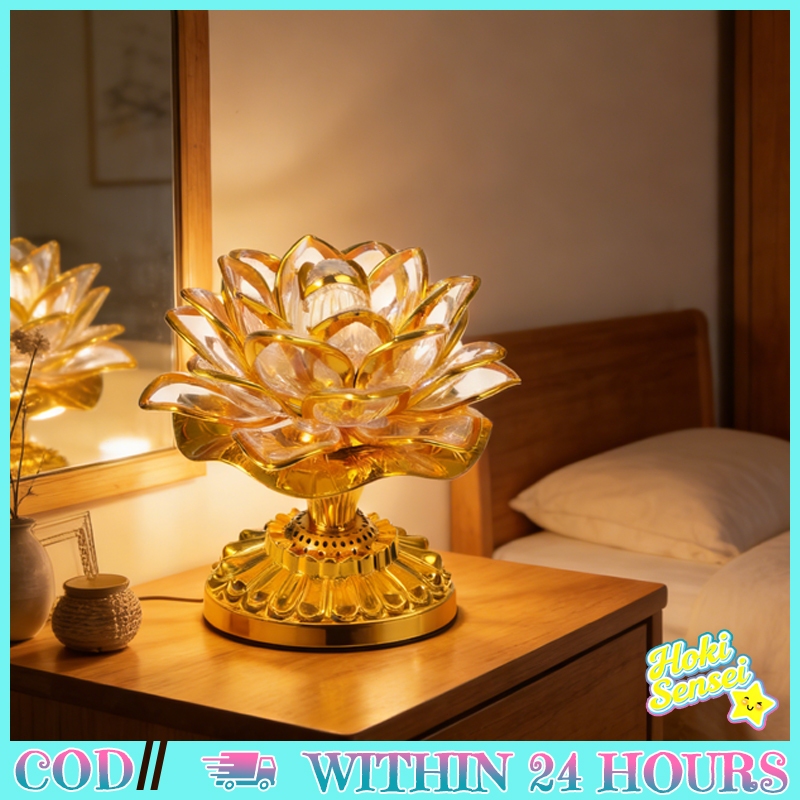 Lampu LED Teratai Emas Hiasan Altar Sembahyang Model Rendah 14cm Bahan Plastik Ukir Halus Tahan Lama