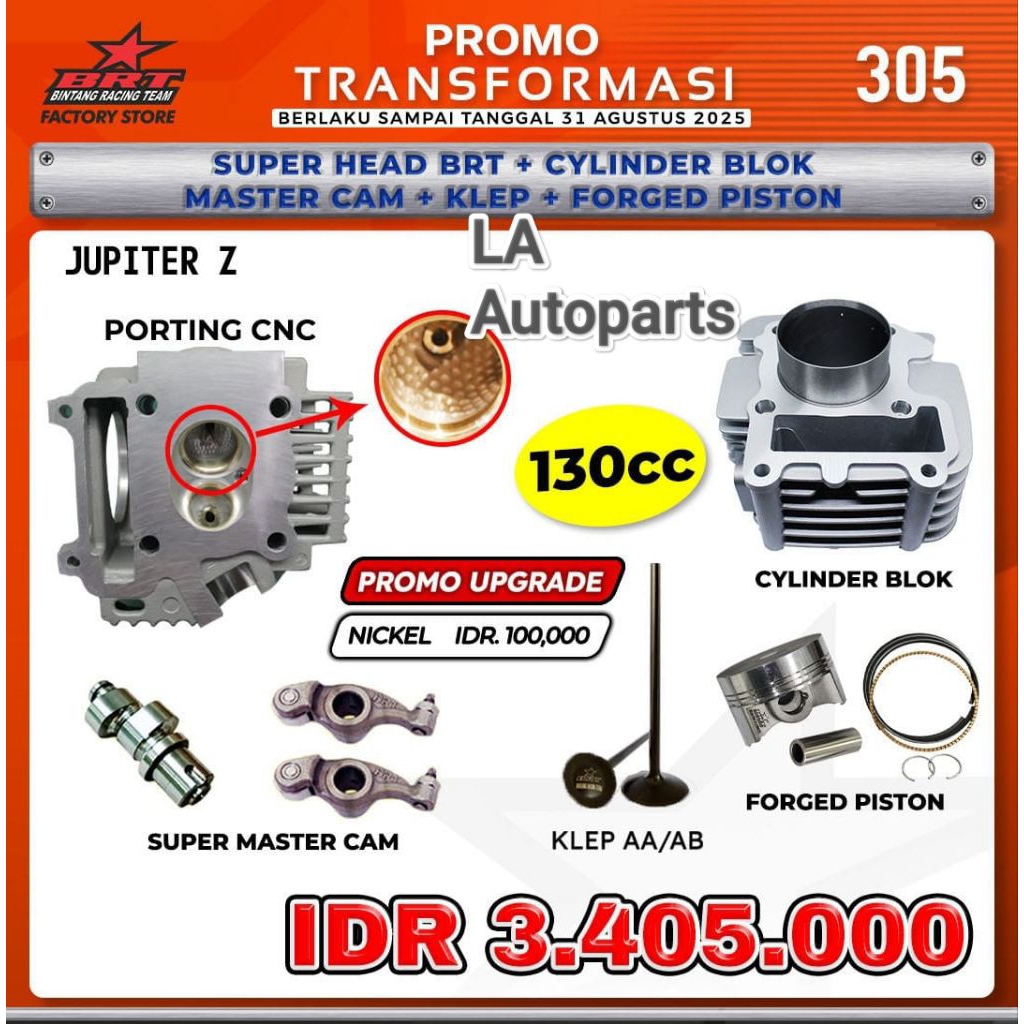 PAKET BORE UP 130CC JUPITER Z BRT HEAD BLOK PISTON NOKEN AS ROCKER ARM 
KLEP AA/AB BRT