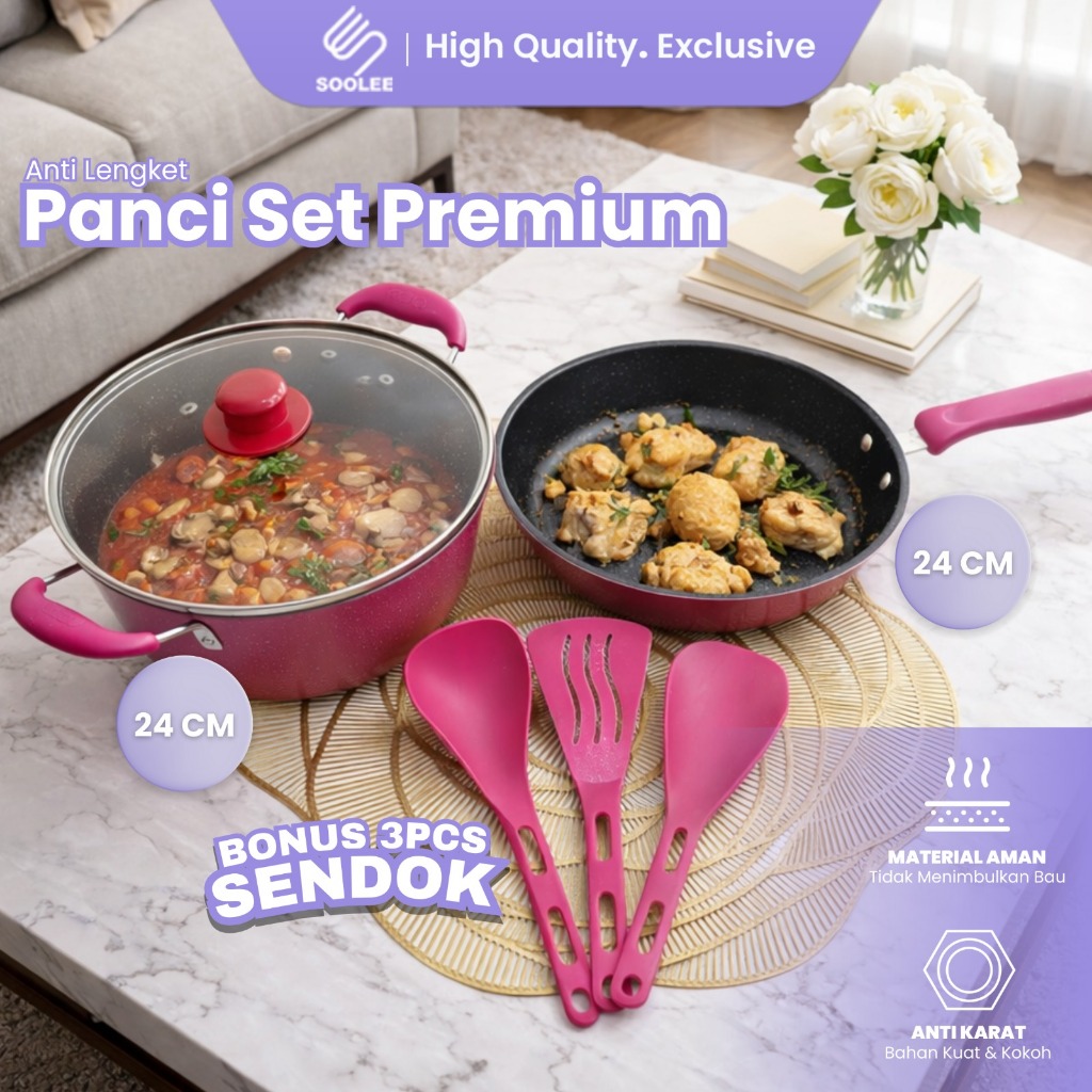 SOOLEE Cookware Set Pink Premium | Panci Anti Lengket & Silicone Utensil Food Grade Free Spatula