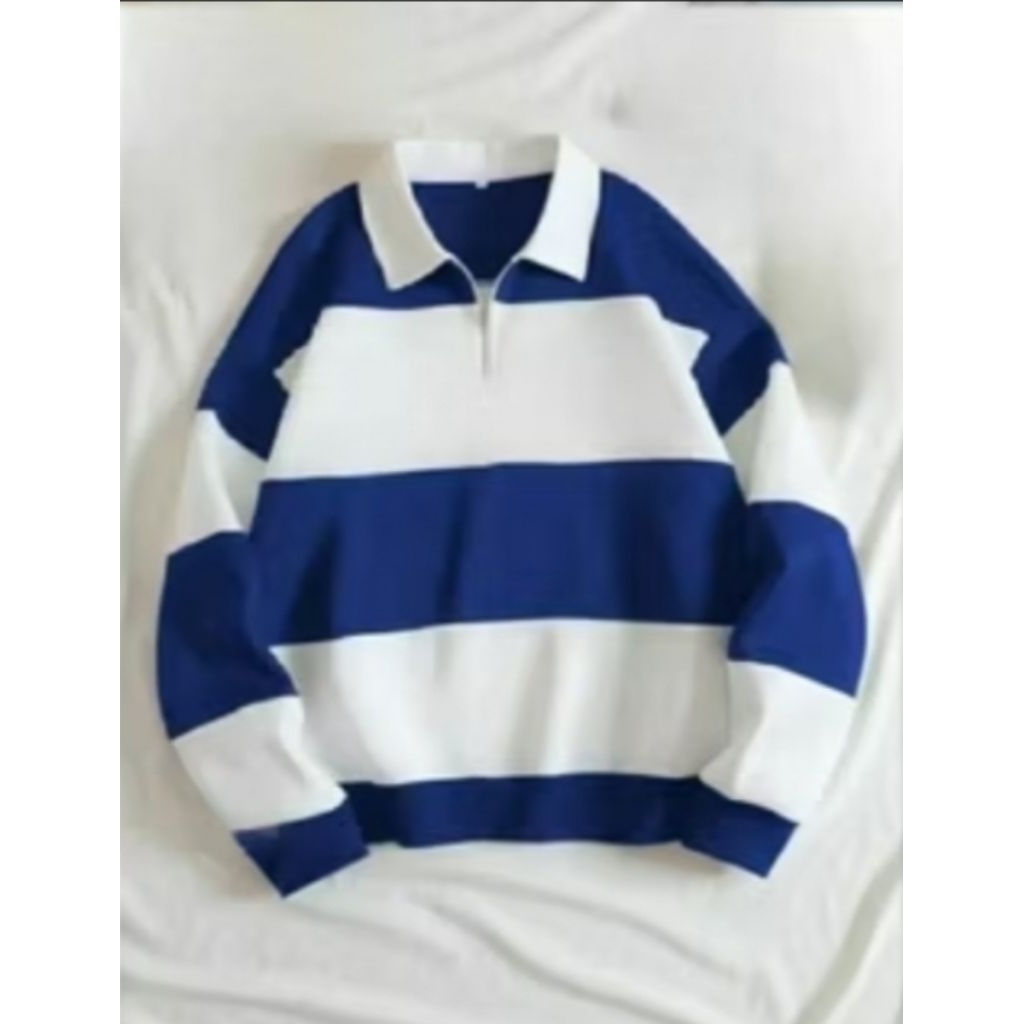 sweater rugby crewneck rugby crewneck salur putih mulus dan elegan