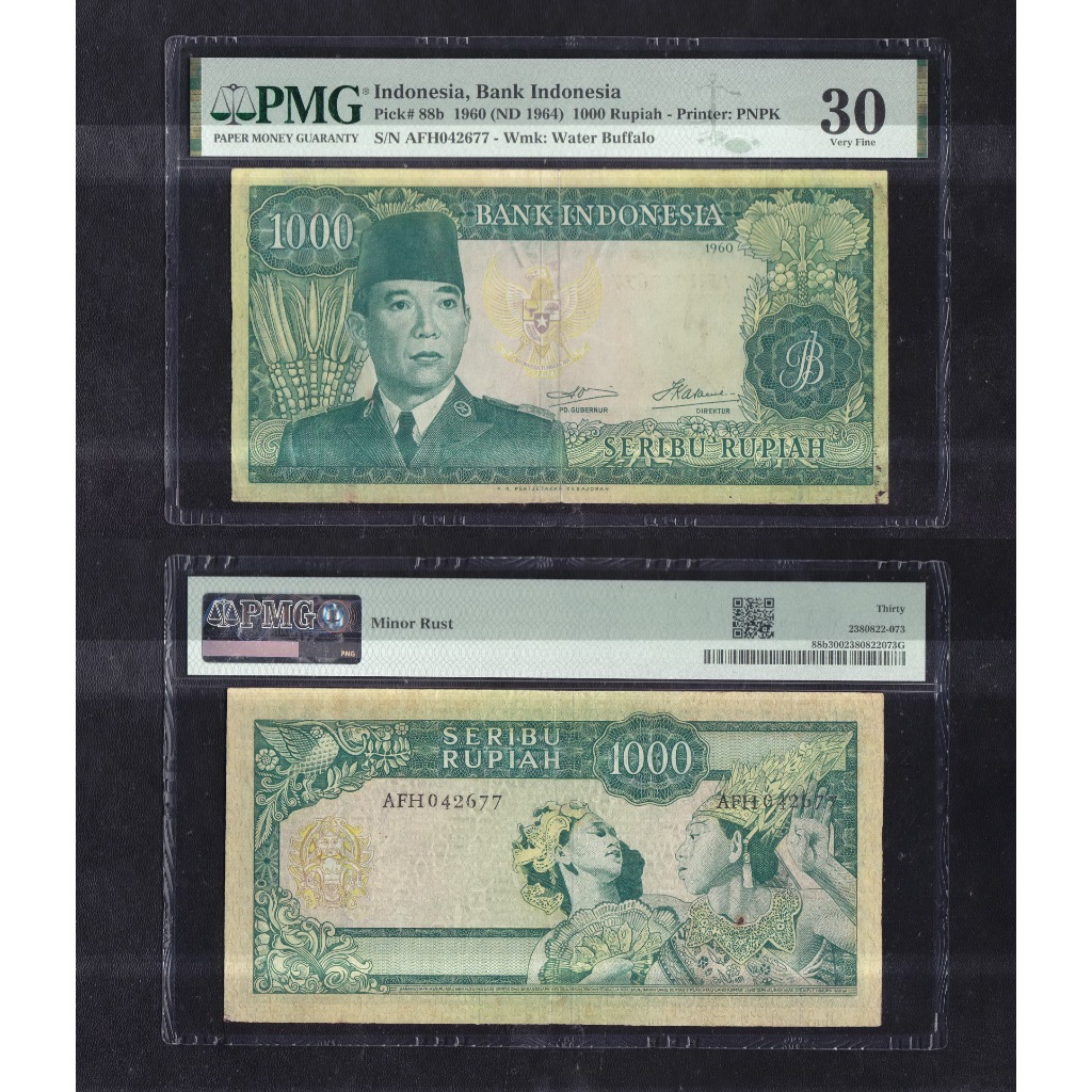 Uang kuno PMG 30 - 1000 rupiah seri Sukarno tahun 1960 S/N AFH042677