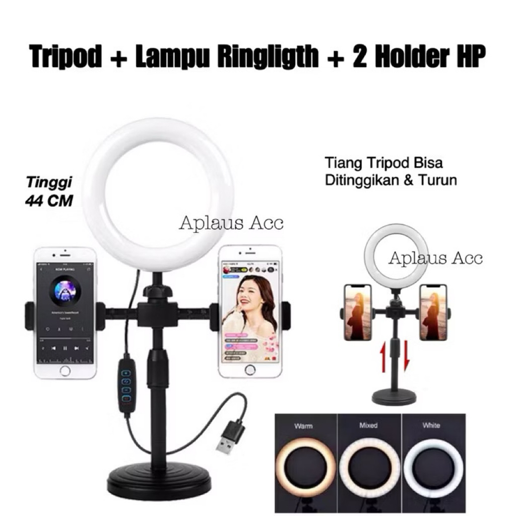 (GROSIRAN) Tripod 28CM + 2 Holder HP + Lampu Ringligth 16CM Stand HP Selfie Vlogging Podcast Review Live Nonton