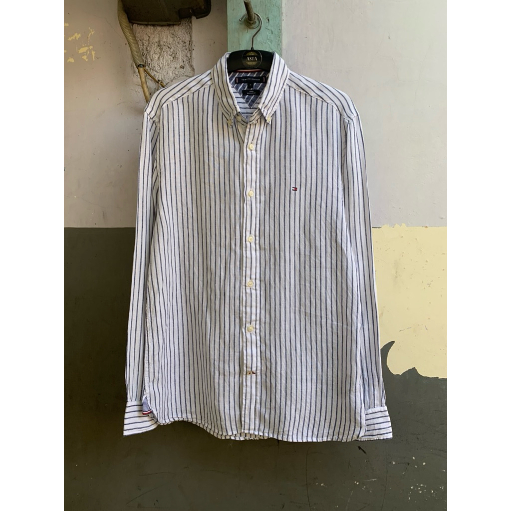 kemeja Tommy hilfiger pria stripe linen lengan panjang preloved