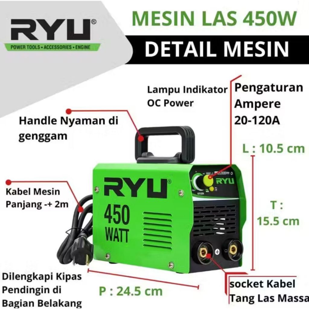 Mesin Las Listrik RYU 450 Watt Inverter Portable Hemat Listrik 100% Original garansi resmi 20TH