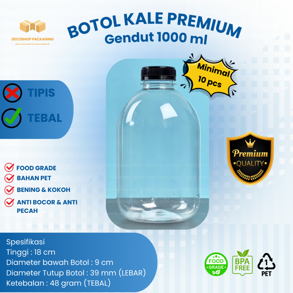 BOTOL KALE GENDUT 1 LITER 1000 ML PET TEBAL 48GR FOODGRADE / BOTOL PLASTIK PET GENDUT 1 liter TEBAL 
