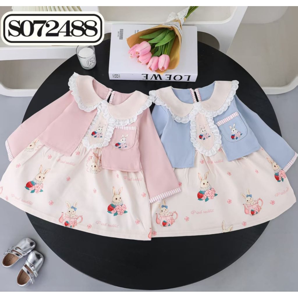 Dress Cardigan motif polos Baju lengan panjanh motif kelinci leher list putih / Baju Dress anak cewe