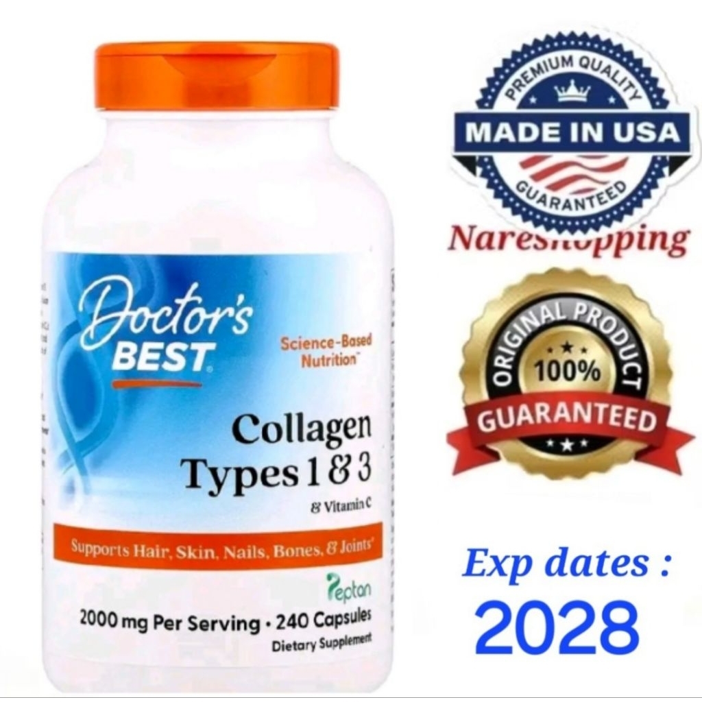 Doctor's Best Collagen Types 1 3 Peptan Vitamin C, 2000 mg 240 Capsules