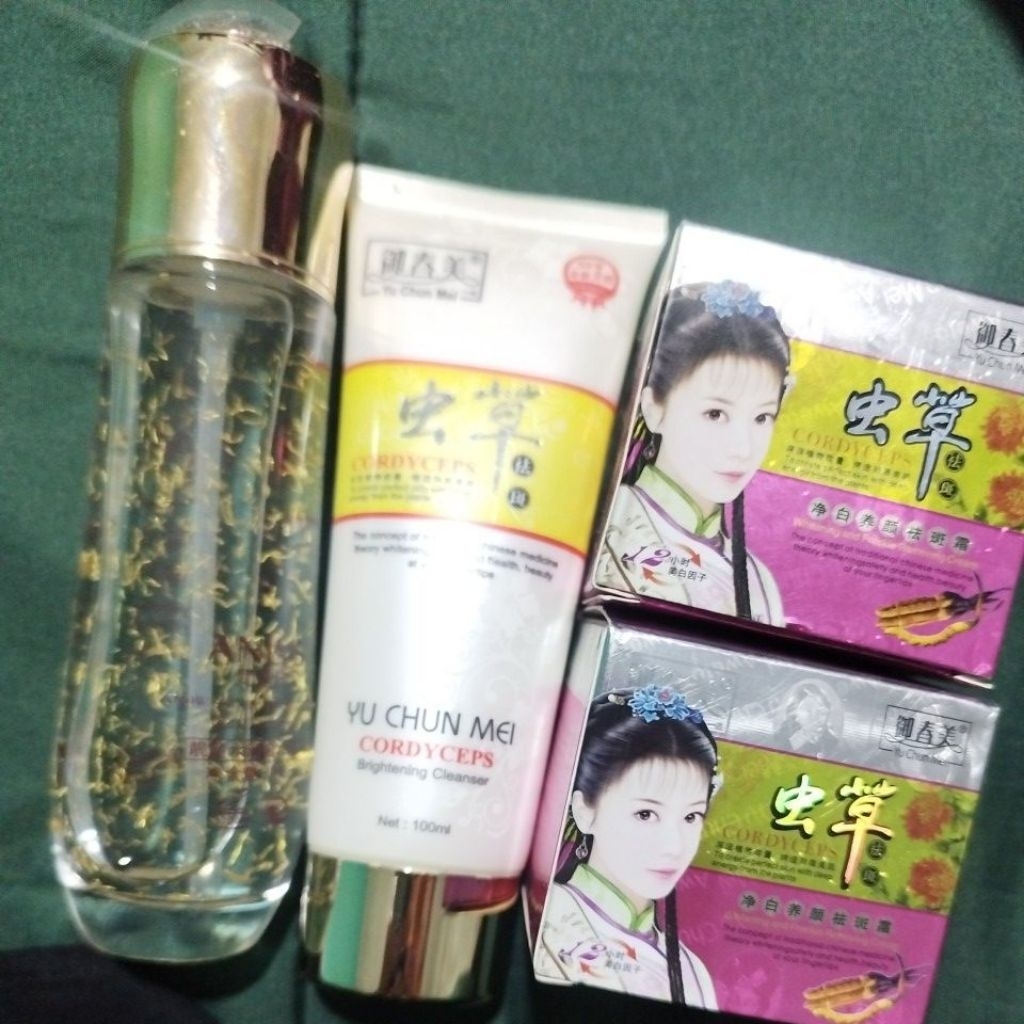 4pcs.yu chun mei krim siang malam cordyceps.cleanser yu chun mei.toner pearl hongkong anlvs.original