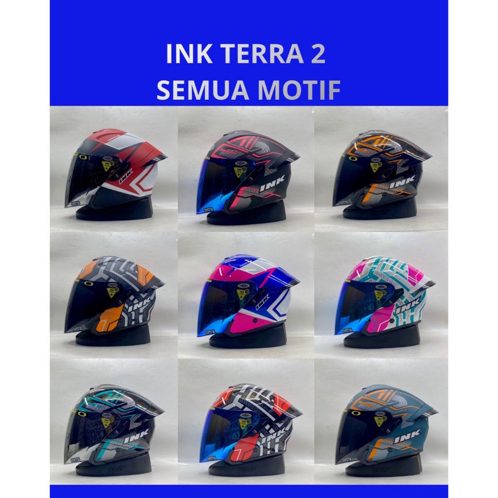 INK TERRA 2 MOTIF ALL WARNA PAKET GANTENG KACA SILVER - BLUE || HELM INK ORIGINAL HALF FACE DOUBLE V