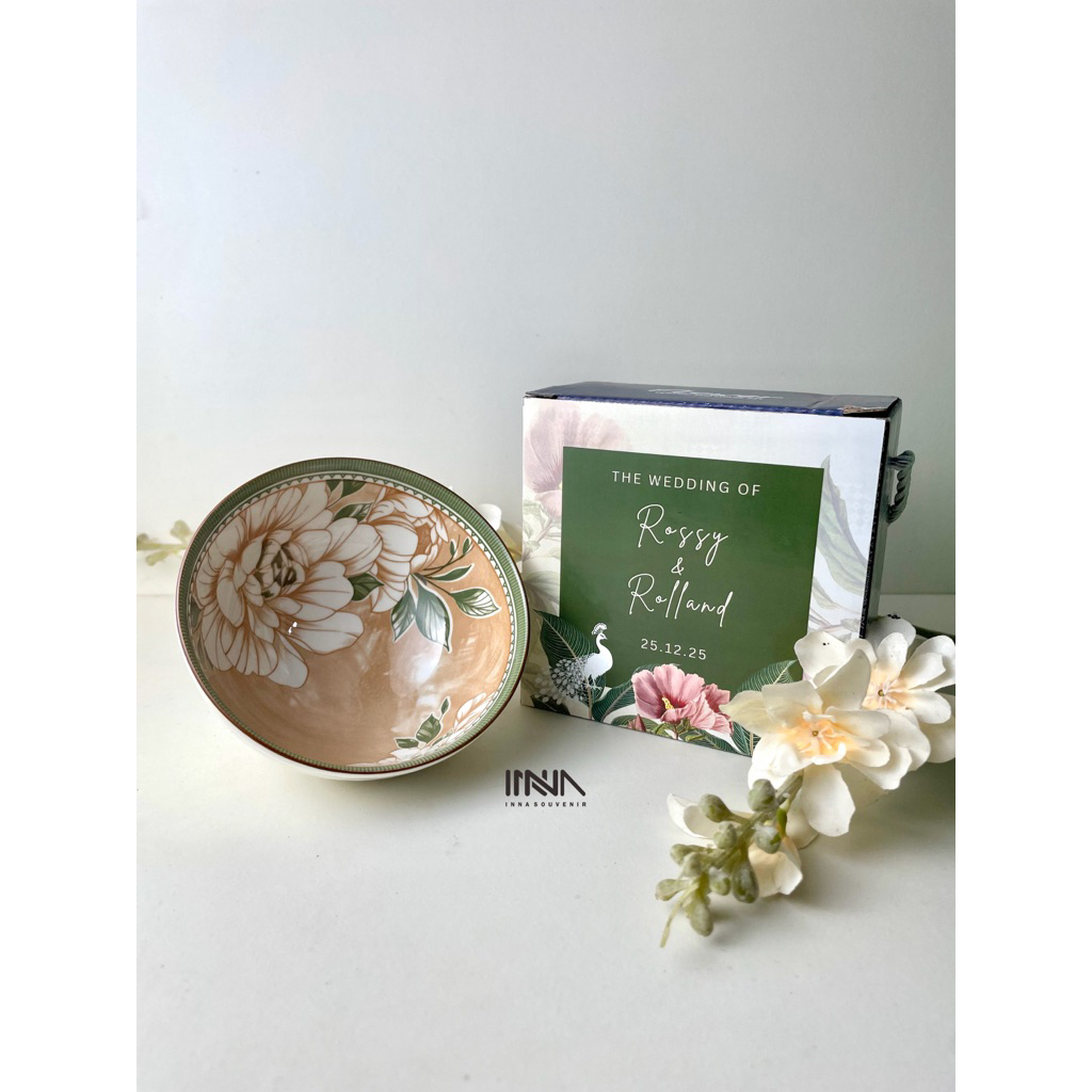 Mangkok Keramik Souvenir Pernikahan Elegan, Termasuk Kotak