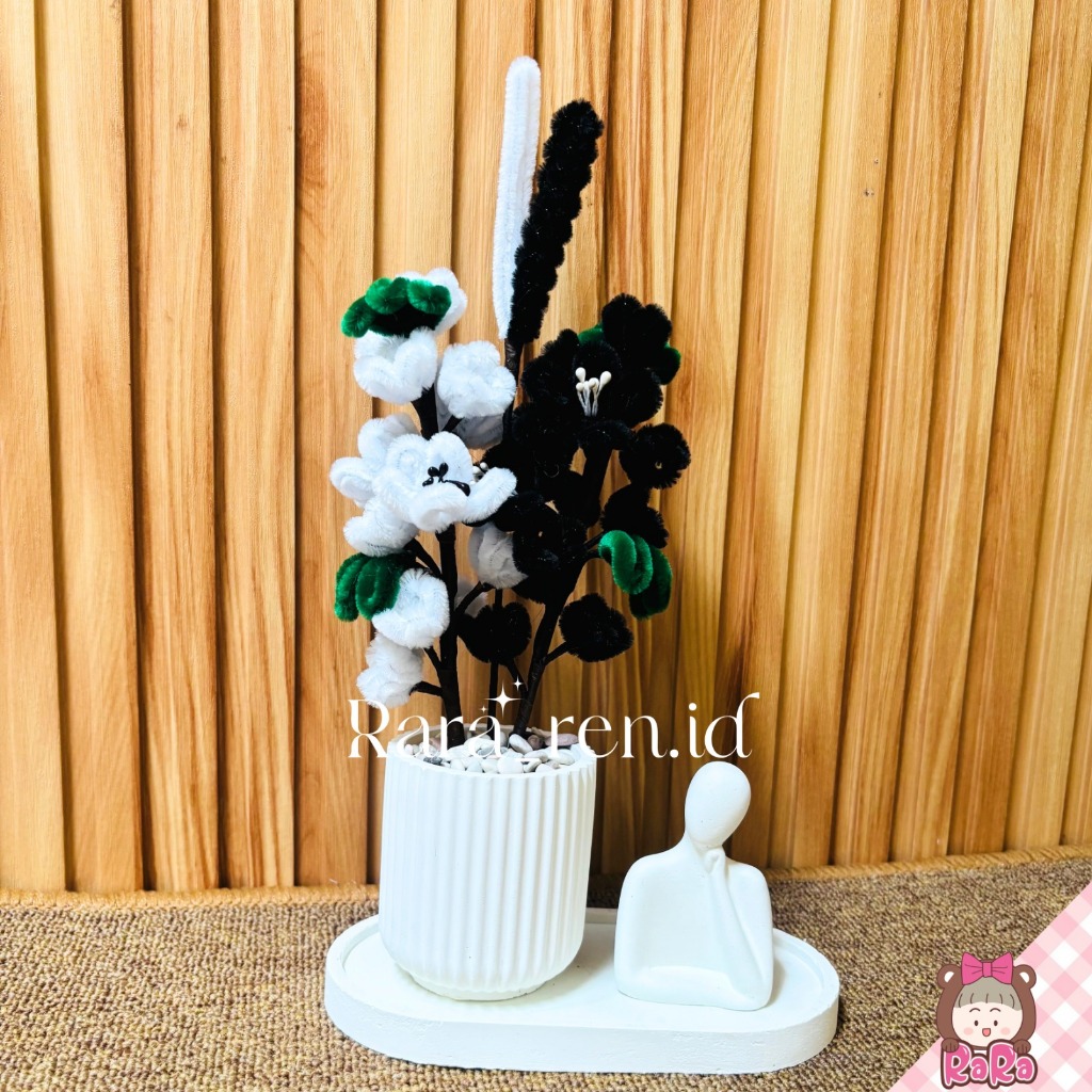 1 SET BUNGA SAKURA HITAM KAWAT BULU AESTHETIC TERMASUK VAS + COASTER OVAL CONCREATE HIASAN RUMAH SUD