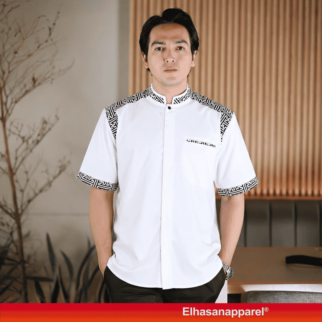 Elrumi Koko Pria Baju Koko Pria Lengan Pendek Kombinasi Batik di Bahu - Bahan Katun Toyobo Pria Leng