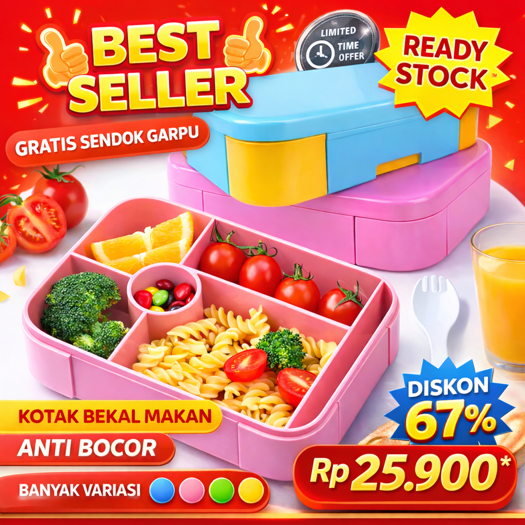 Lunch Box 5 Sekat Gratis Garpu&Sendok/Kotak Makan 5 Sekat/Lunch box set/bekal makan set/kotak bekal 