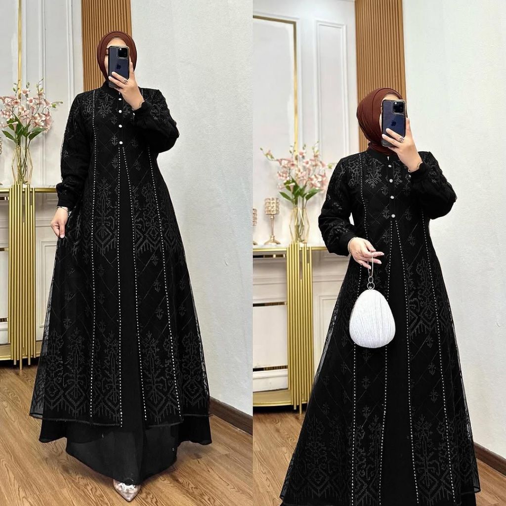Kiukiu Denara Dress - Gamis Brukat Mewah - Gamis Wanita Tile Mutiara Mewah Anggun - Baju Muslim Dres