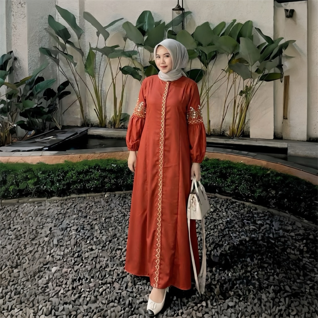Gamis Bordir Wanita Muslim Terbaru Gamis Bordir Busui Friendly Lengan Balon