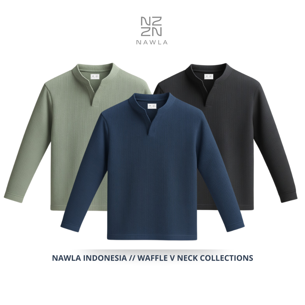 Nawla - Baju Atasan Pria Lengan Panjang Bahan Waffle kerah v neck Kaos Uniqlo | Kaos H&M | Kaos Zara