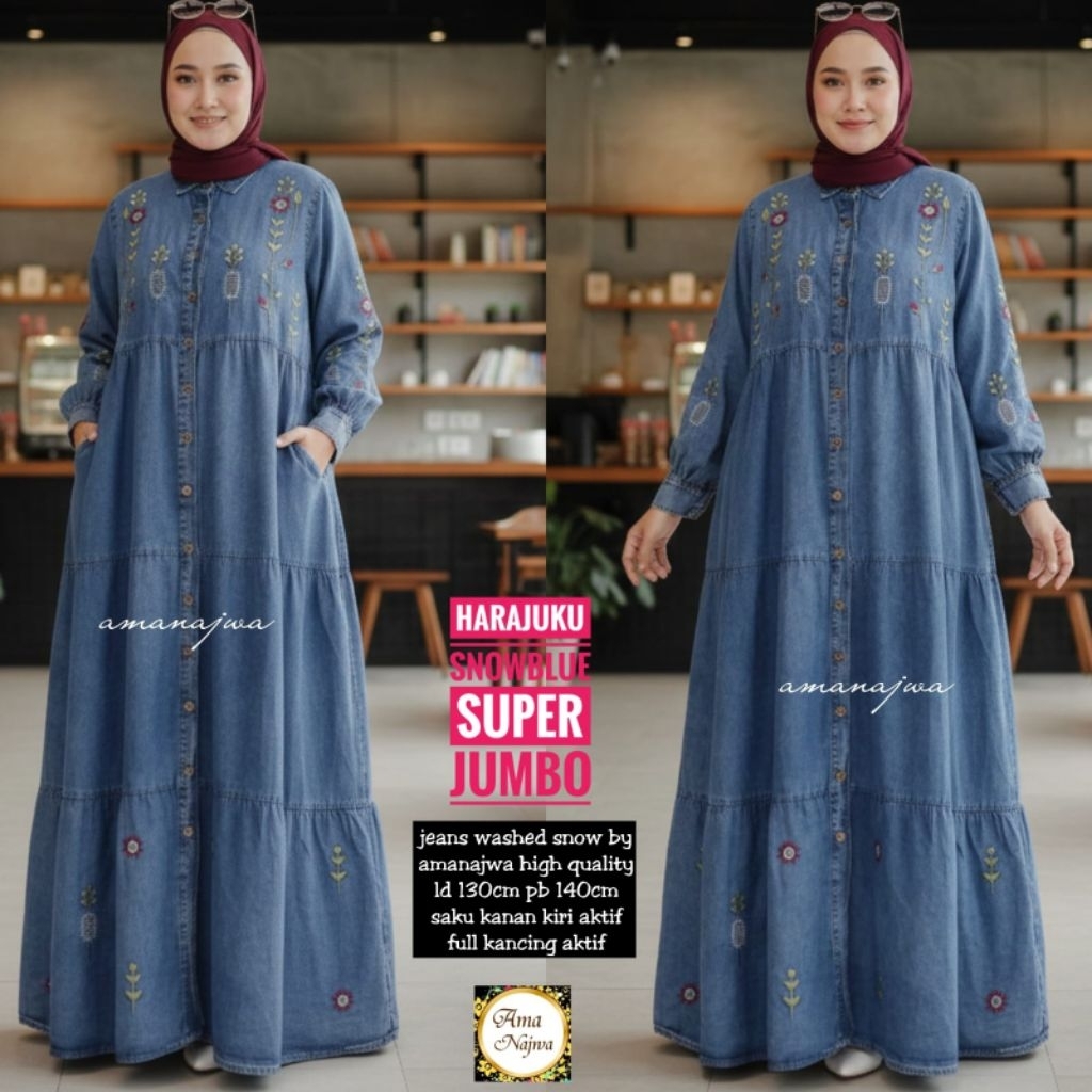 LD 130 Baju Gamis Jeans Snow Import Bordir Original HARAJUKU SNOWBLUE SUPER JUMBO
