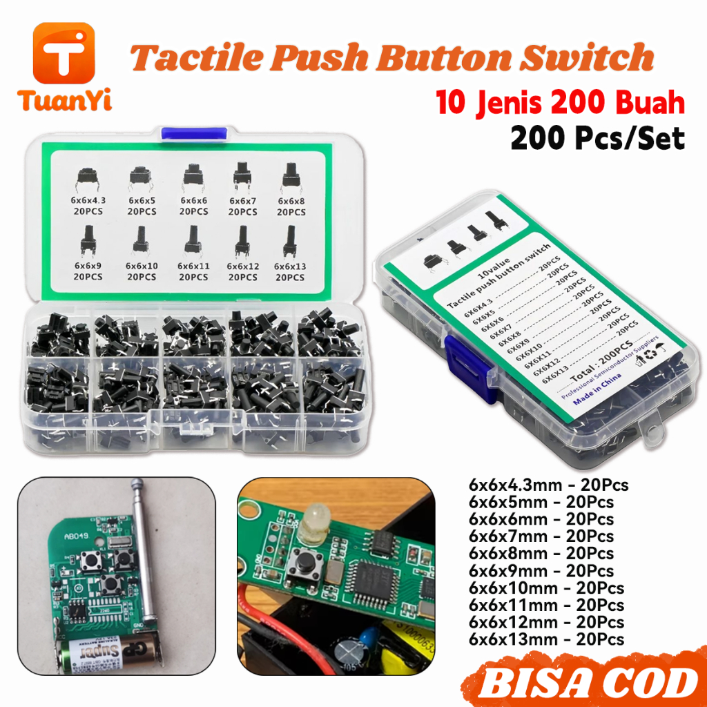 Paket Lengkap Saklar Tombol 6x6mm (Tactile) 200 Buah | 10 Ukuran Berbeda, Kontak 4 Pin, Tombol Bulat