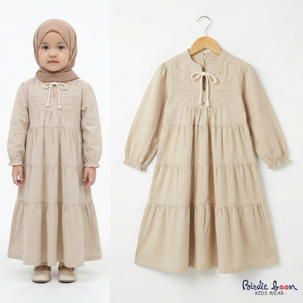 Birdie Boom - Muslim Dress Sand/ Gamis Anak Warna Sand/ Gamis Ruffle Anak