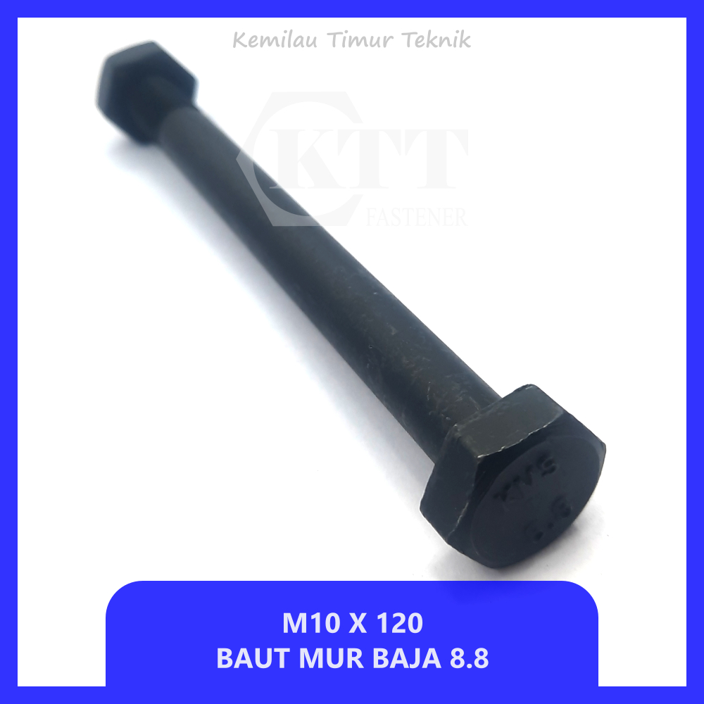 Baut Mur Baja M10X120 Hitam High Tensile Grade 8.8 M10 X 120 (Kunci 17)