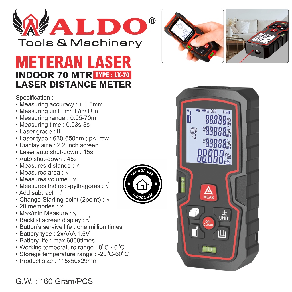 METERAN LASER INDOOR 70 MTR LX-70 / METERAN LASER 70 METER LASER INDOOR USE MEASURING TAPE / METERAN
