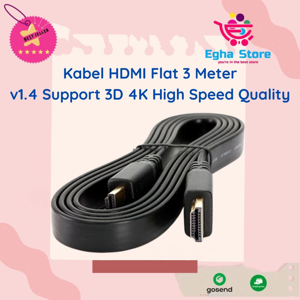 Kabel HDMI Flat 3 Meter Ver 1.4 High Quality Gold Plated Cable HDTV AV Male to Male 3m Support 3D 2K