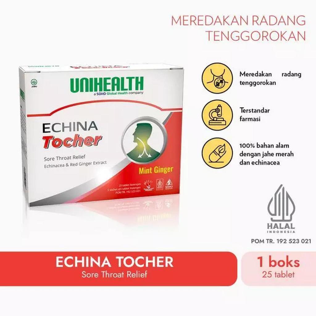 Echina Tocher Unihealth - Meredakan Radang Tenggorokan - 25 Tablet per Box