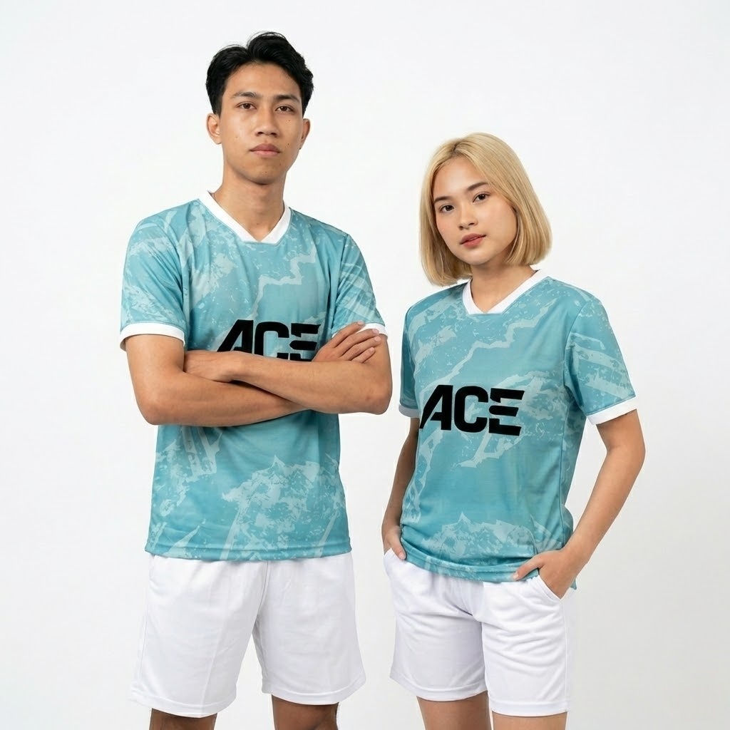 Setelan Jersey Futsal Tim Unisex Warna Tosca Motif Marmer Abstrak Custom Nama