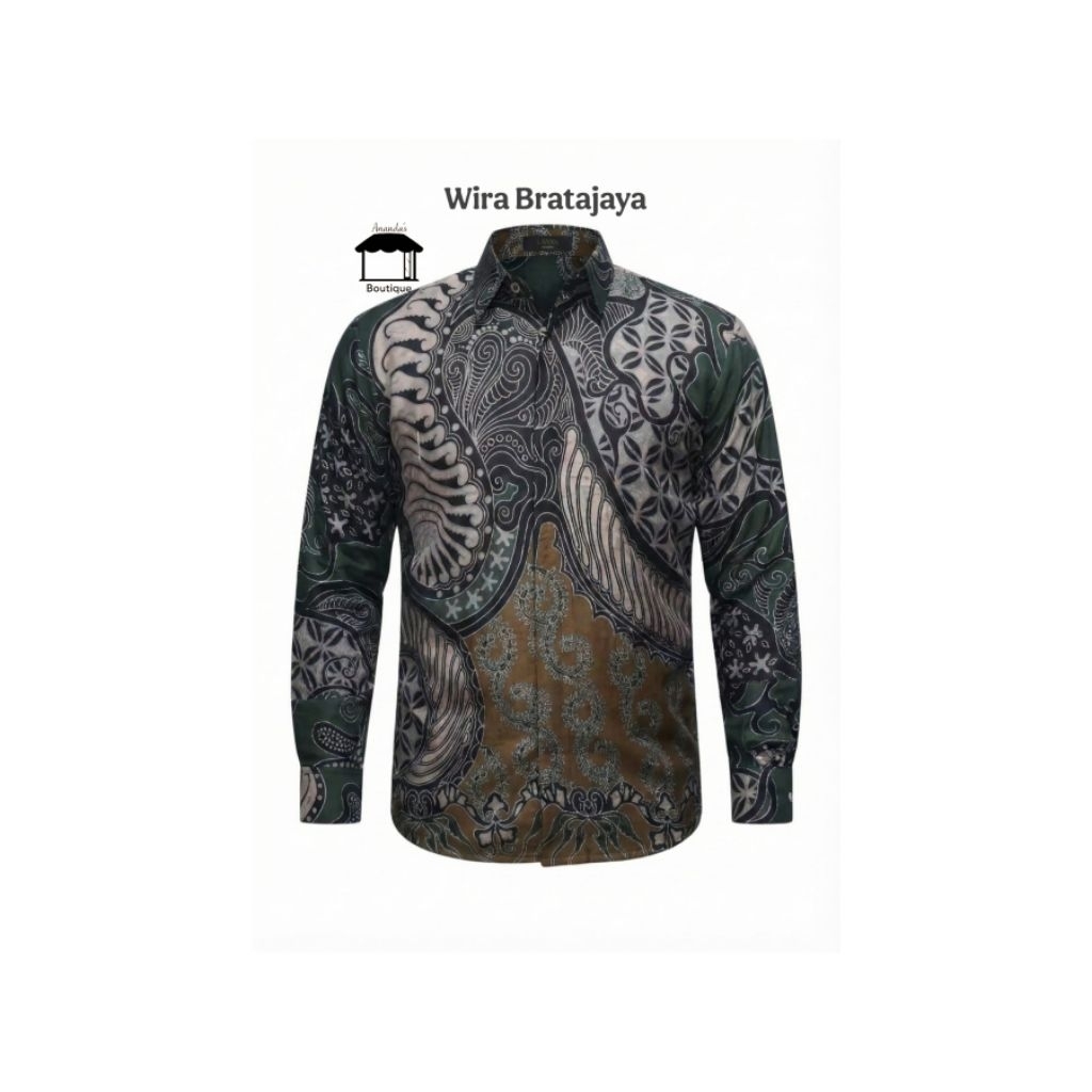 Batik Ananda - Wira Bratajaya Batik Hijau Army Lengan Panjang Slimfit | Batik Pria Furing