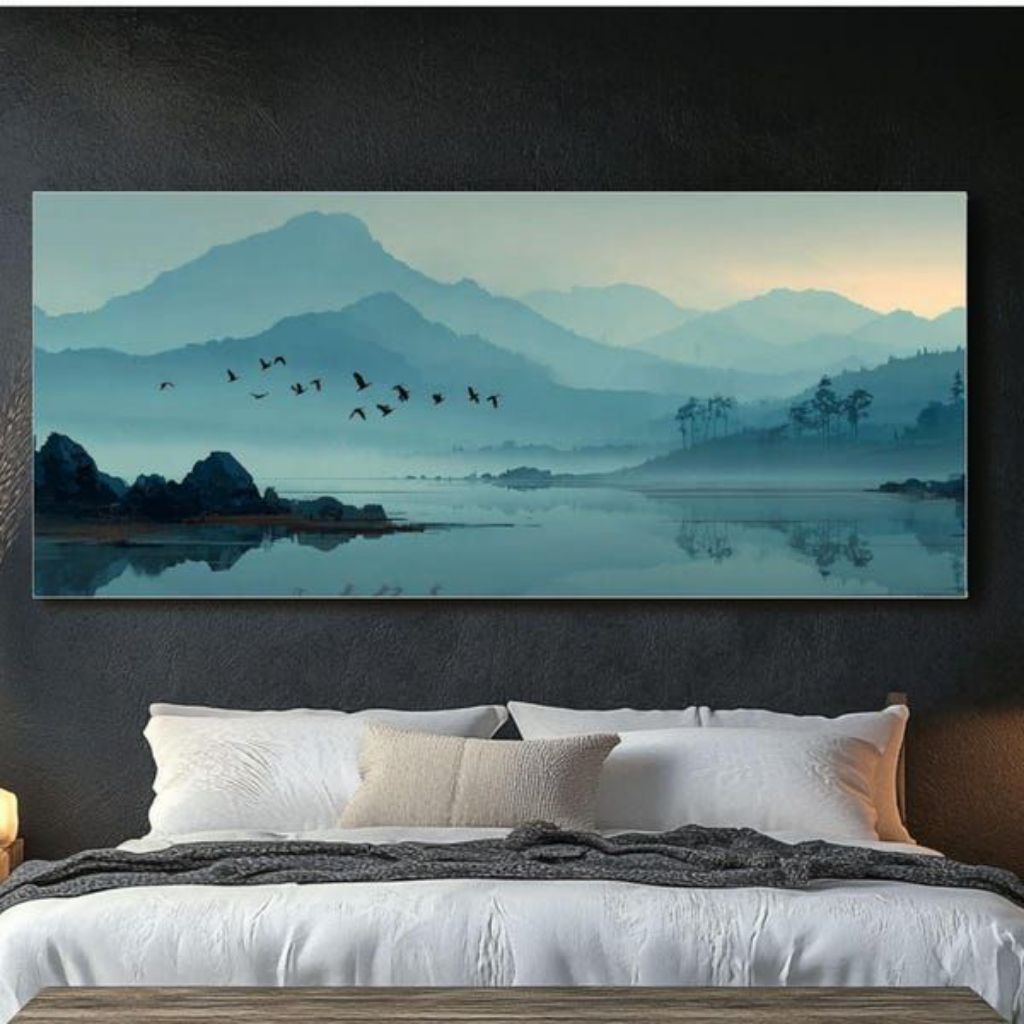 Hiasan dinding lukisan pemandangan gunung aesthetic modern