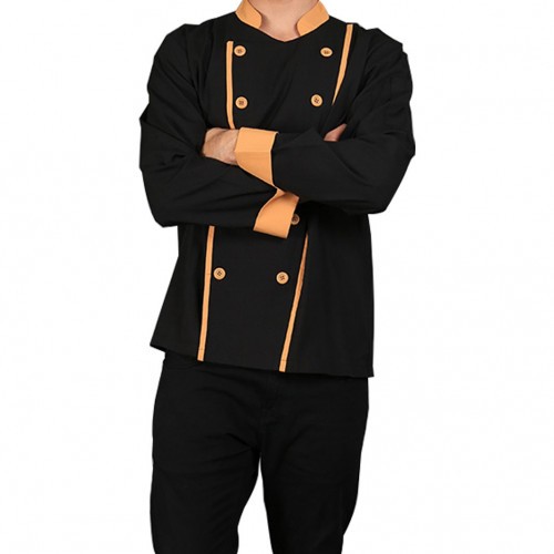 BREWSUNIQ Executive Chef Coat Long Sleeve Black Yellow Lines Size XL - Baju Chef / Koko Pria Wanita