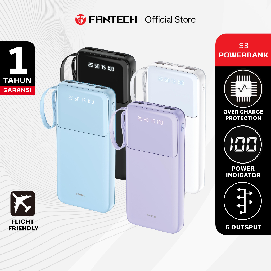 Fantech S3 Powerpack 10000 mAh Powerbank Fast Charging Mini LCD with Kabel Data Type C  Micro USB Li