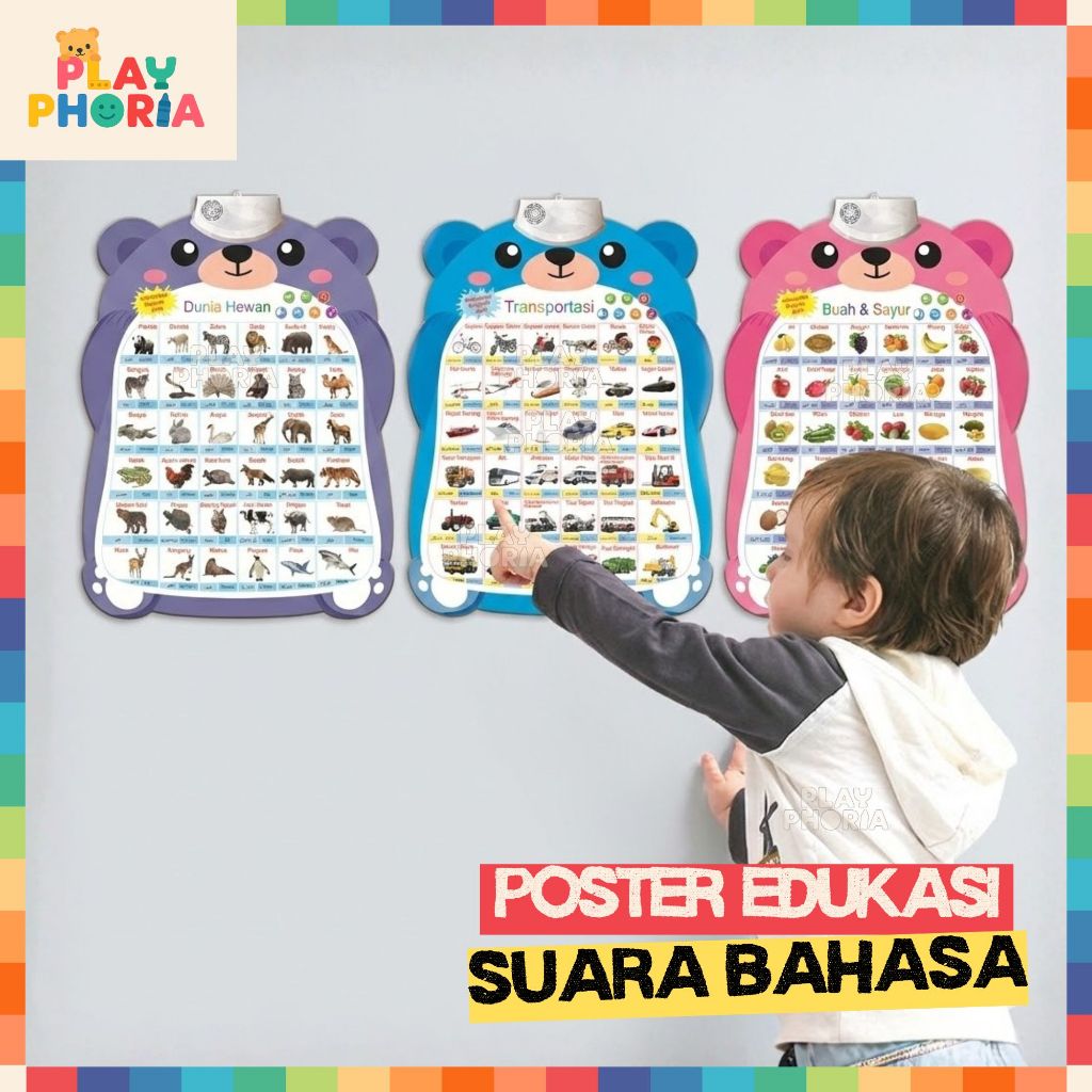 Poster Dinding Gantung Suara Mainan Edukasi Anak Pintar Belajar 3 Bahasa Indonesia Inggris Arab Anim