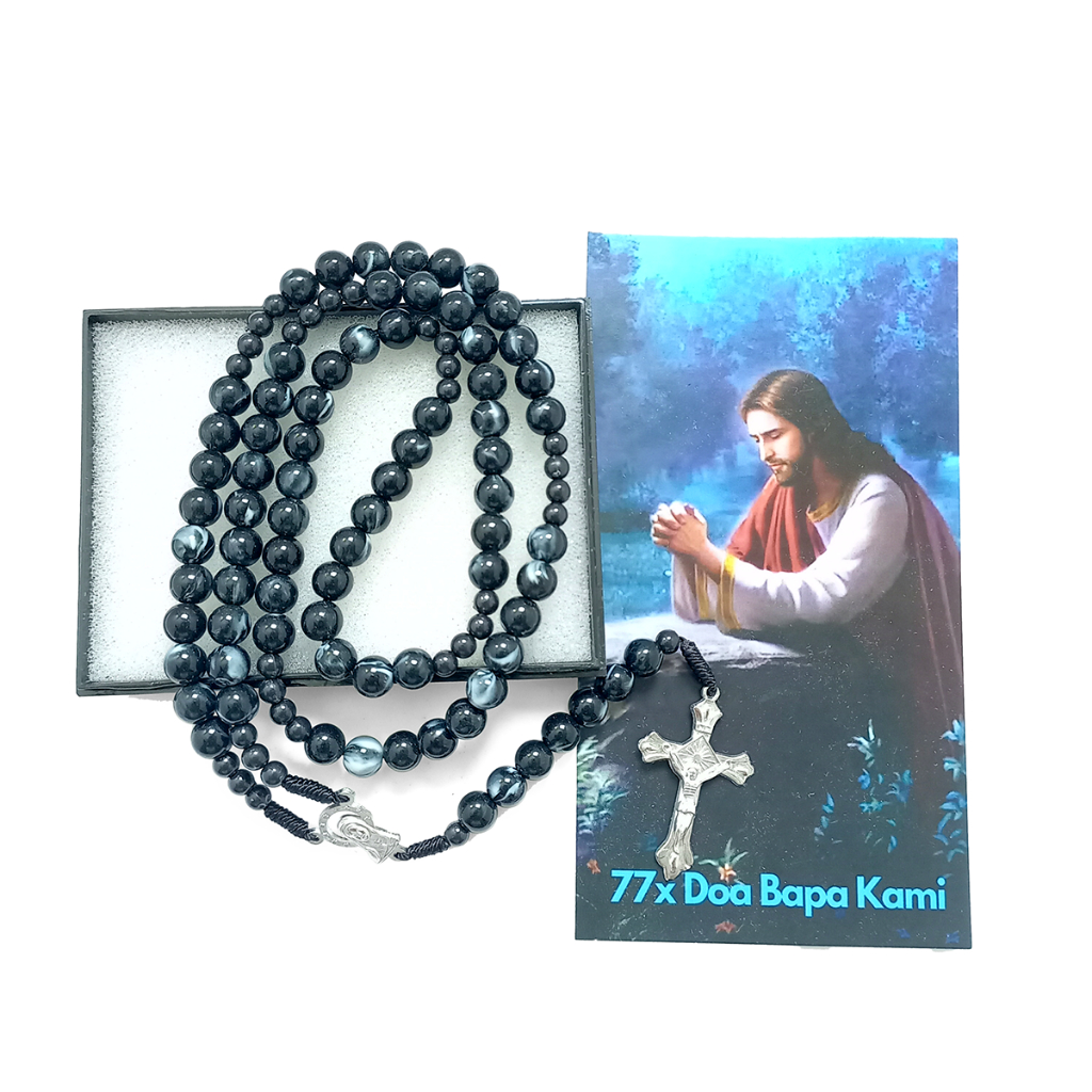 Kalung Rosario 77 Bapa Kami Bahan Mote Marmer HITAM - Rosario 77x Doa Bapa Kami - Rosario 77 Bapa Ka
