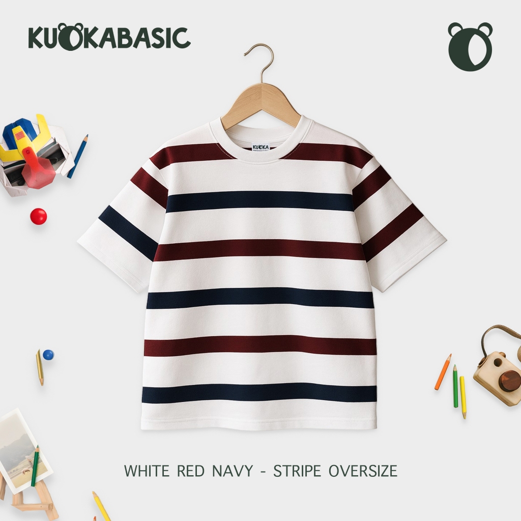 KUOKABASIC Kaos Salur Anak Oversize White Red Navy | Kaos Garis Anak Laki Laki Perempuan 1-12 Tahun