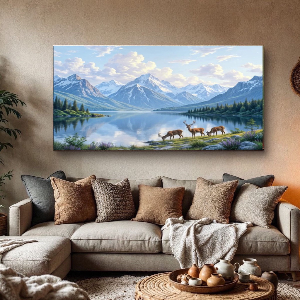 Lukisan dinding abstrak tekstur minimalis modern motif pemandangan gunung sungai dan 3 rusa - hiasan