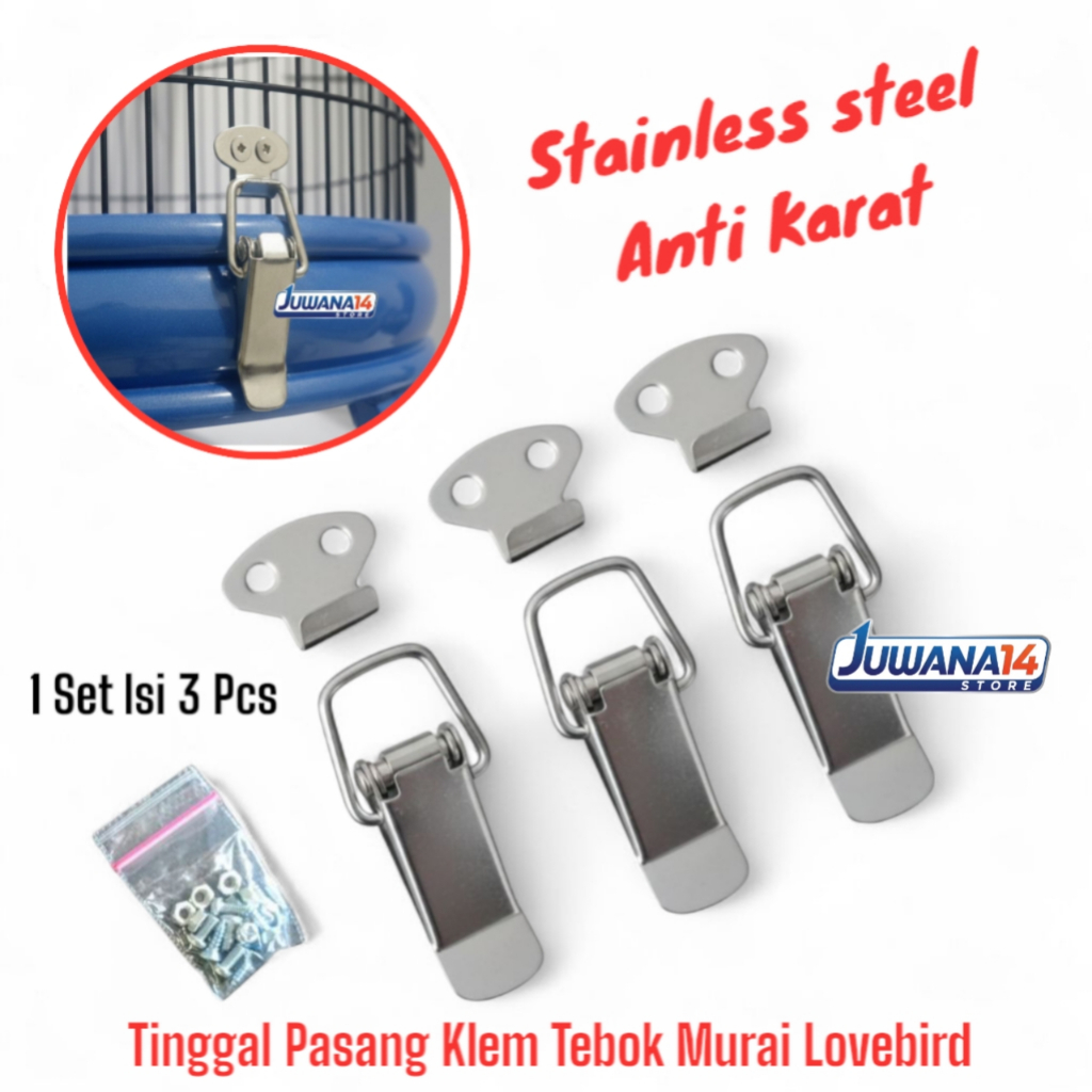 Klem Tebok Sangkar Burung Murai Lovebird - Klem Koper Stainless Steel Anti Karat Silver 1 Set Isi 3
