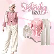 Deluna Korean Outfit - Setelan Wanita Korean Style Hijab Blouse Knit Pants 3 In 1 Set Outfit Muslima