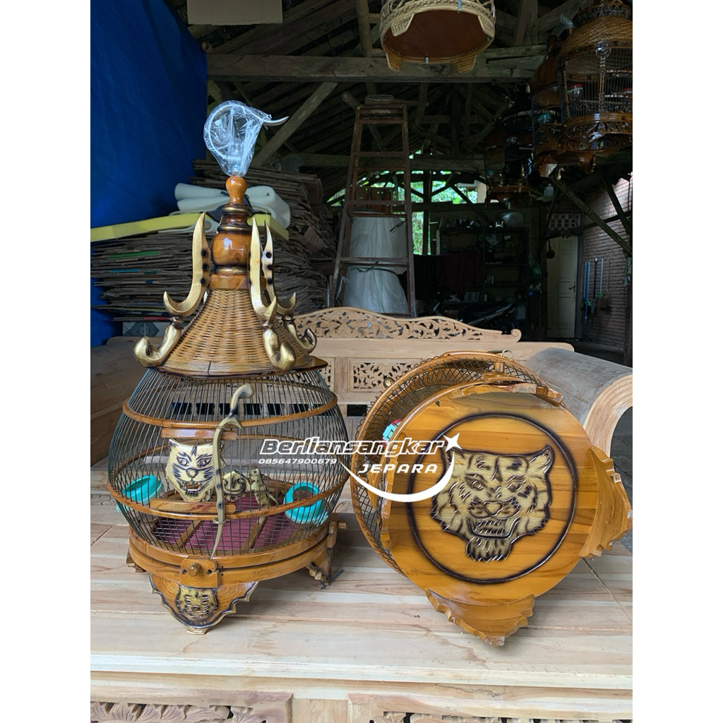 sangkar burung perkutut minion kujang macan, sangkar kayu jati ukiran