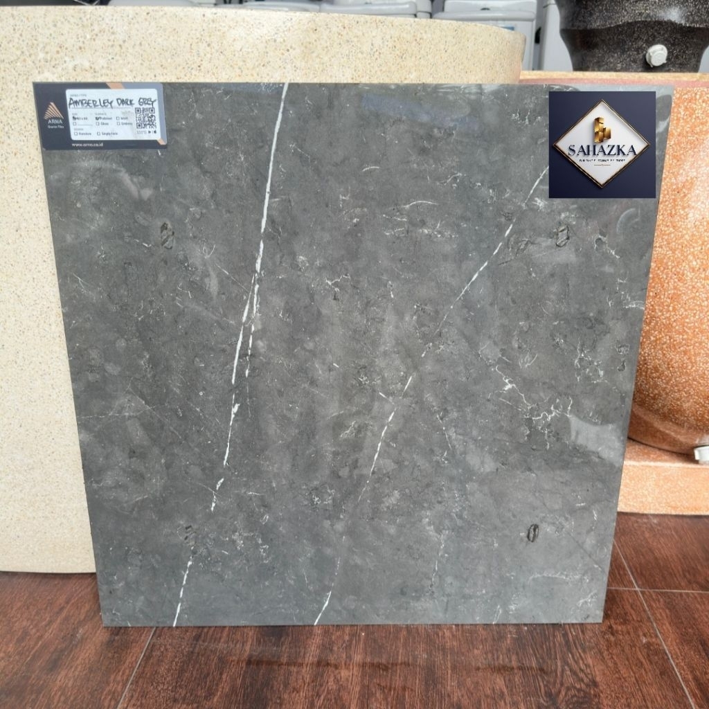 Promo granit 60x60 ikatan glossy motif carara marmer | Arna amberley dark grey