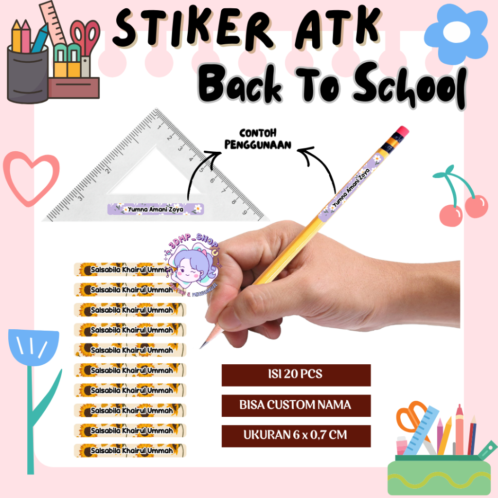Stiker label nama custom request buku botol cutting anak sd laki laki perempuan muslim alat tulis AT