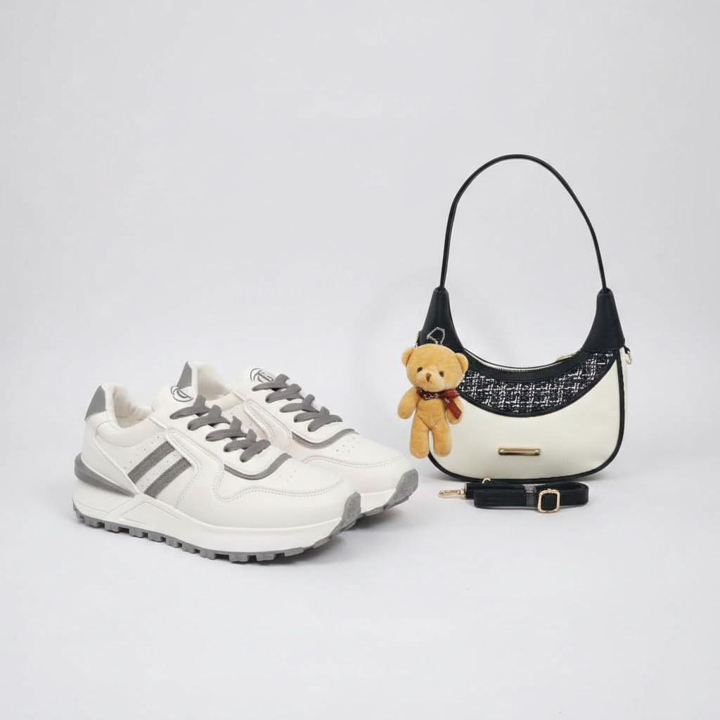 paket hemat 1set sepatu wanita adista dan tas slempang wanita elody plus boneka