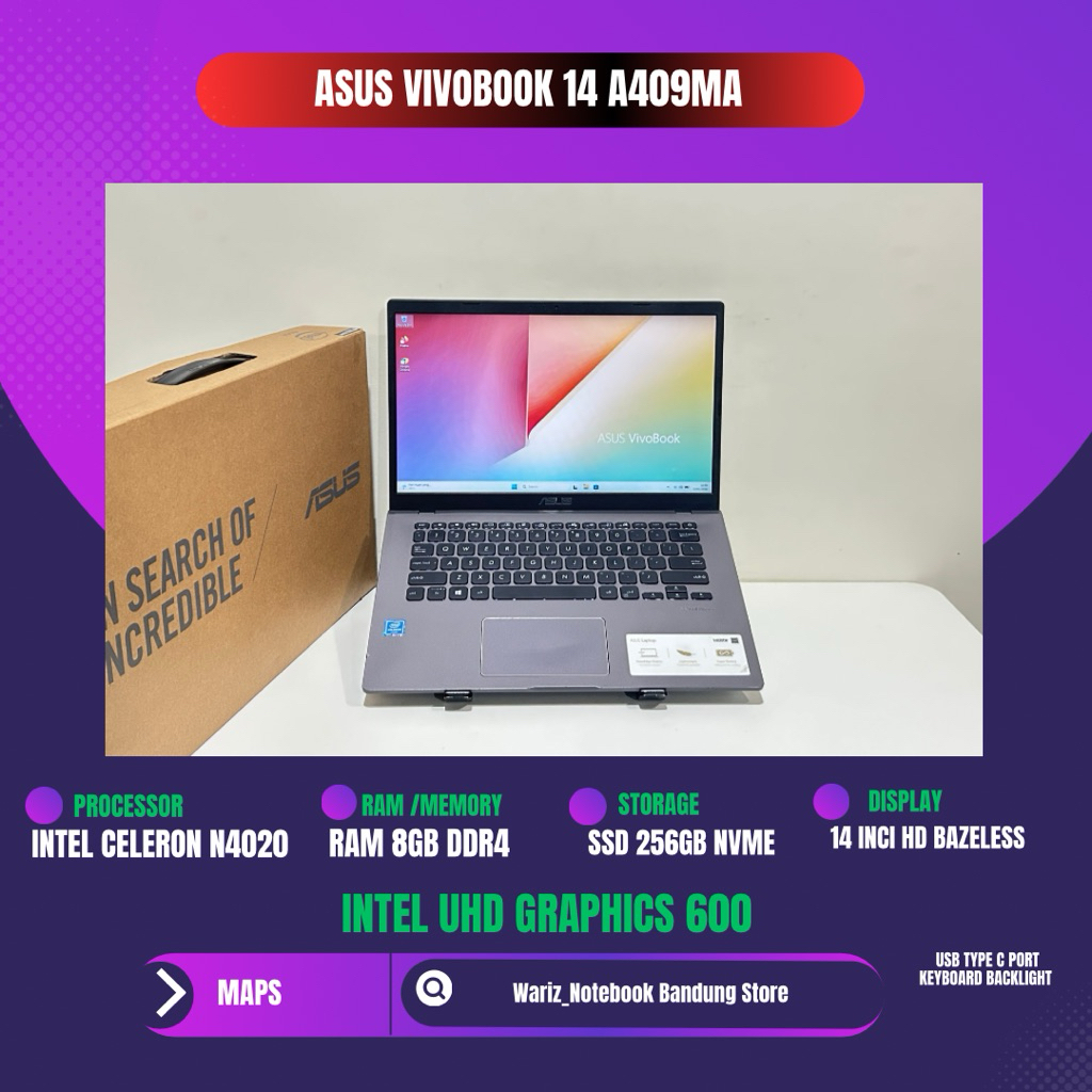 ASUS VIVOBOOK A409MA INTEL N4020 RAM 8GB SSD 256GB 14inci HD FULLSET