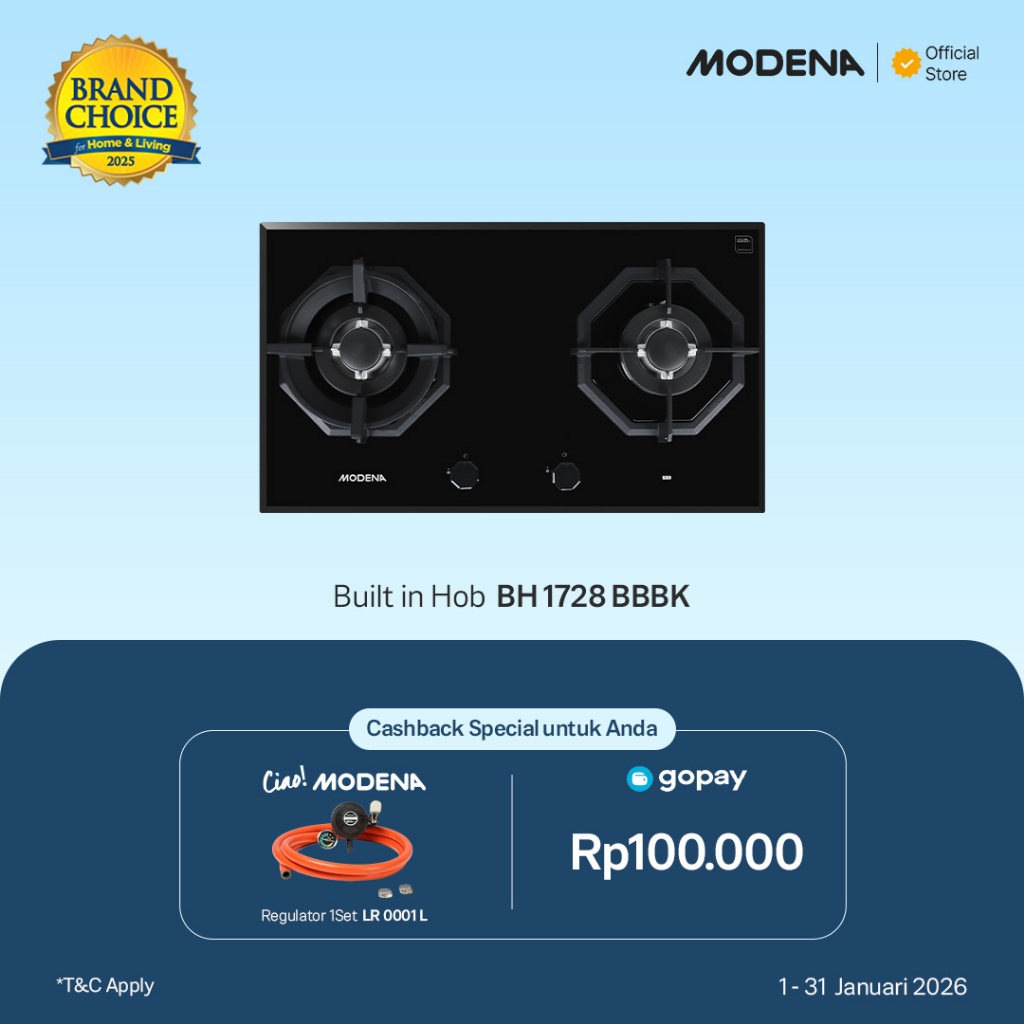 MODENA Kompor Gas Tanam 70cm 2 Burner Mix Brass - BH 1728 BBBK