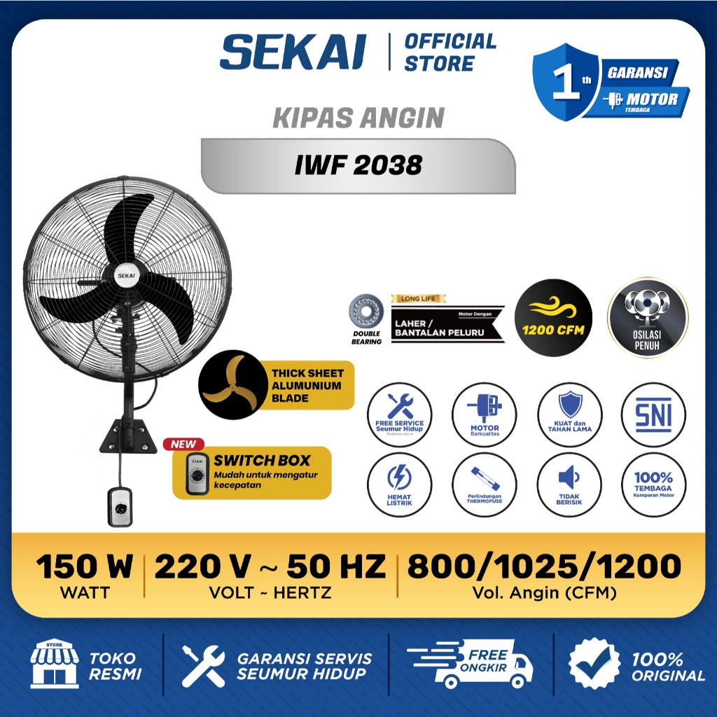 SEKAI Kipas Angin Dinding Tornado / Kipas Angin Industri Aluminium 20 Inch - IWF 2038