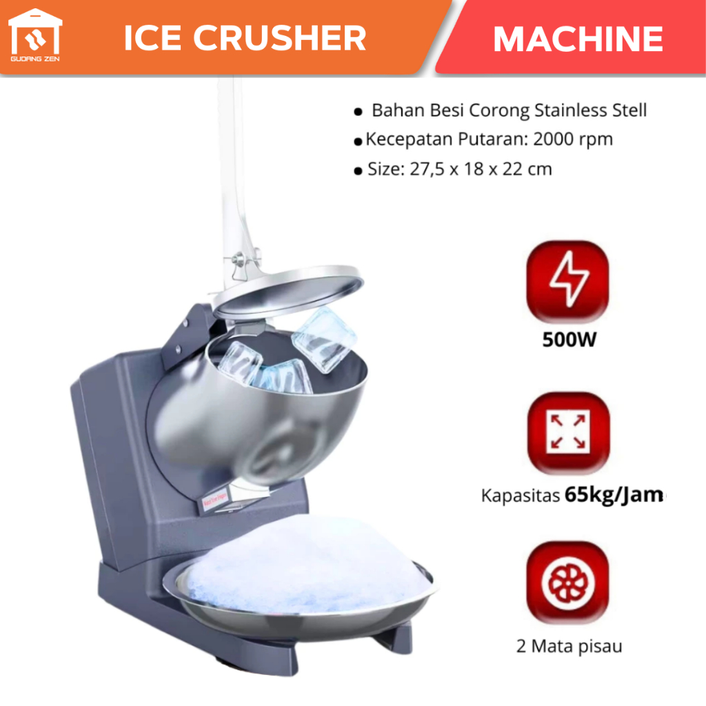 Mesin Es Serut Otomatis Ice Crusher Alat Serut Es Es Batu Dengan 2 Mata Pisau Daya 500Watt